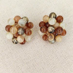 Vintage neutral tones beaded cluster clip on earrings